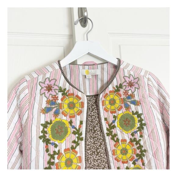 Boden Embroidered Striped Quilted Jacket Crop Length Beaded Pink White Sz XS - Picture 4 of 13